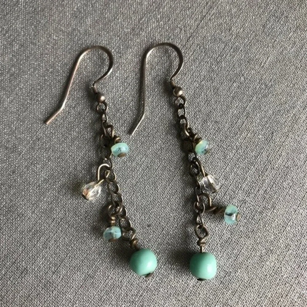 Vintage Handmade Aqua Beads Crystal Sterling Silver Dangle Drop Earrings